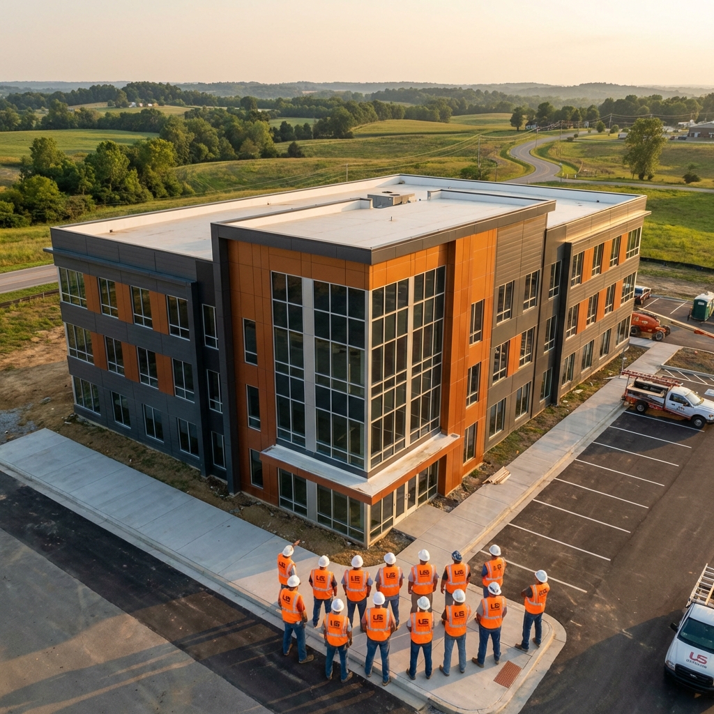 US Exteriors team in front of a completed commercial building, aerial view