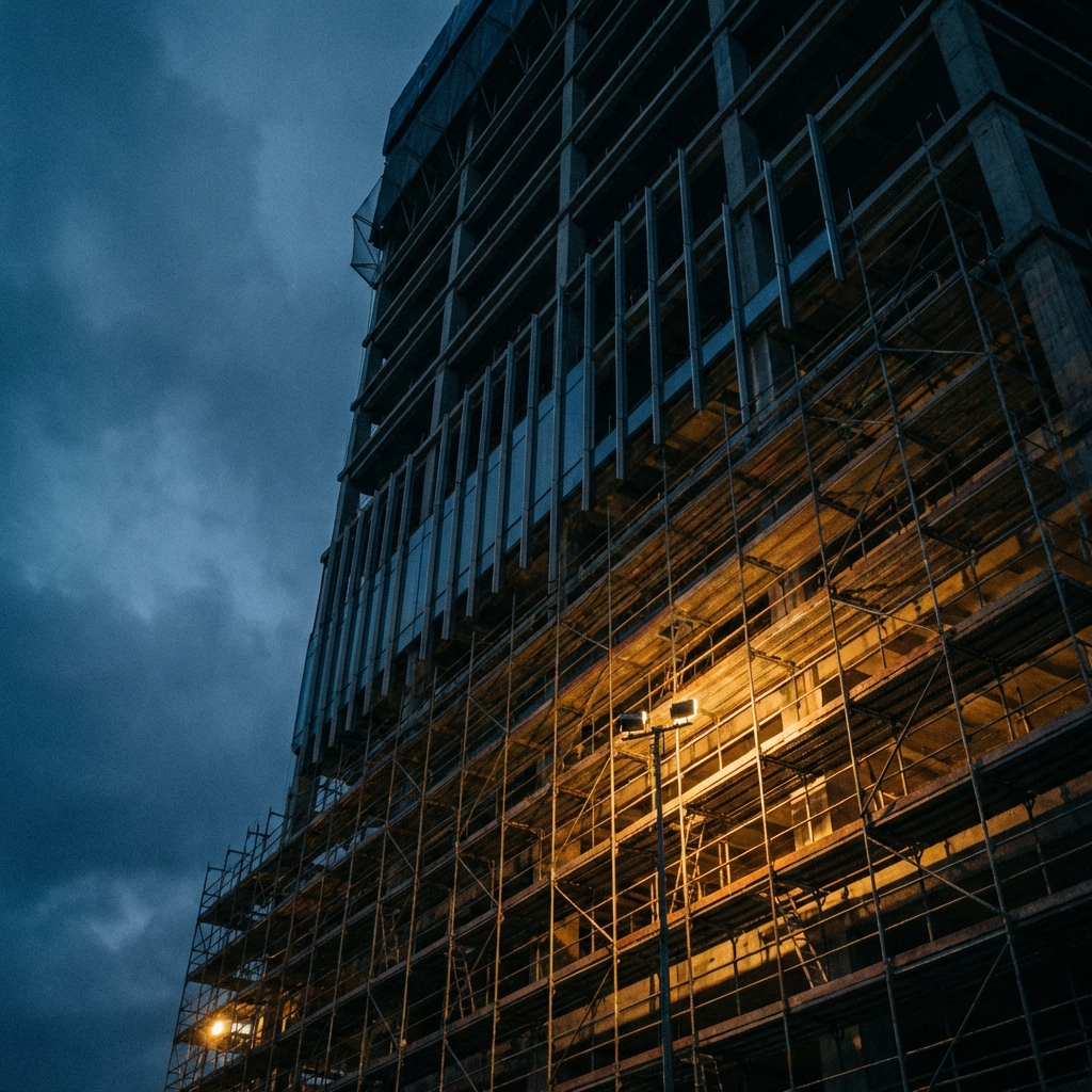 Commercial construction project exterior with scaffolding