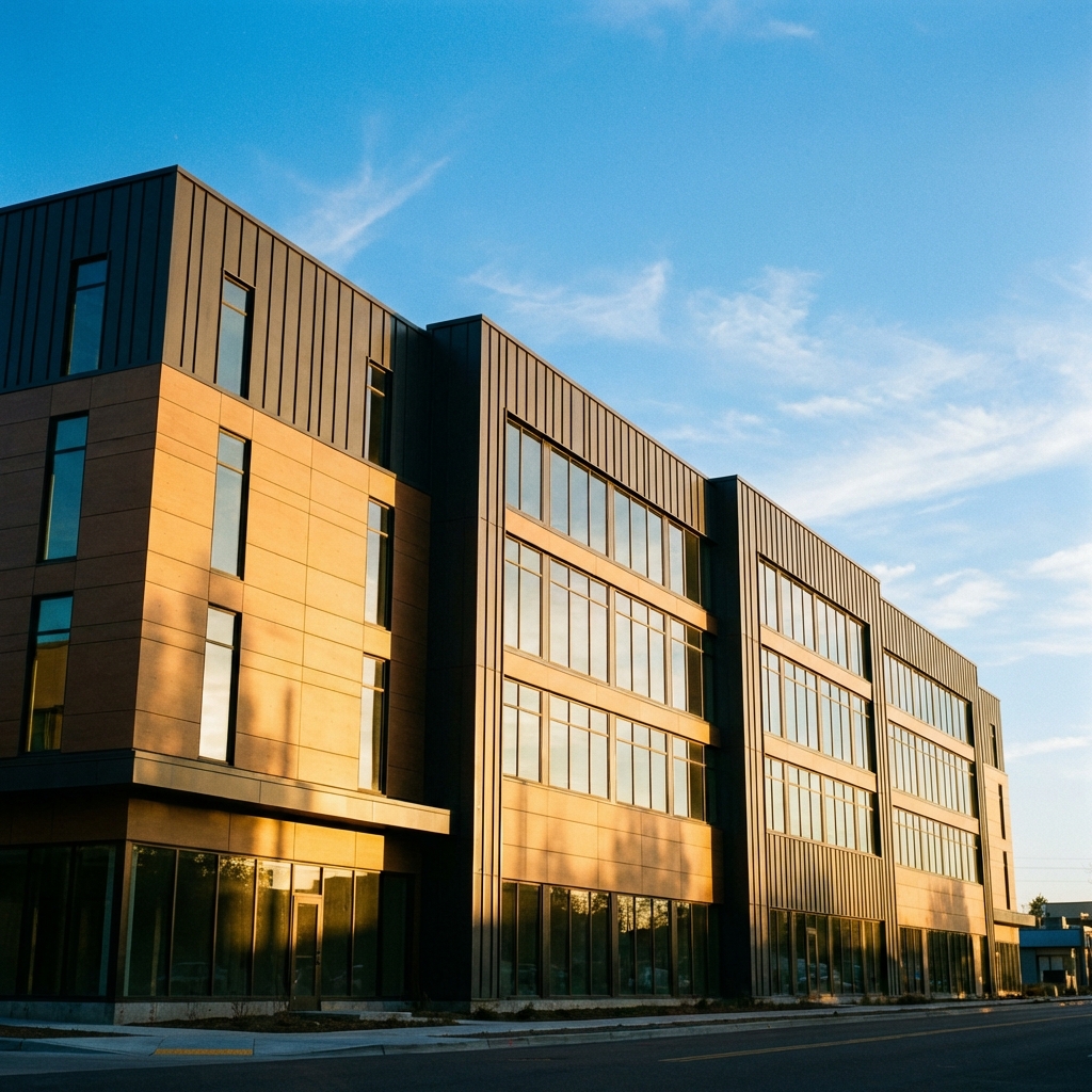 Modern commercial building exterior with architectural facade panels