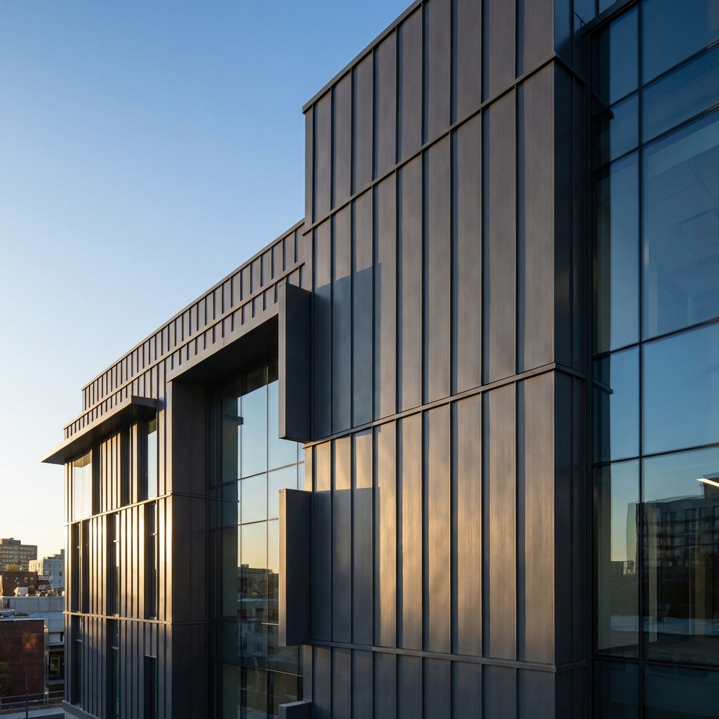 Corrugated metal panel cladding on small-scale commercial building