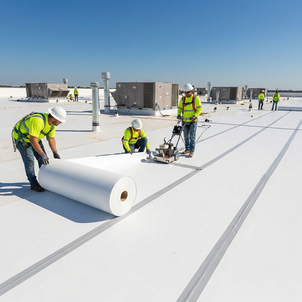 Commercial roofing crew in safety harnesses working on roof installation