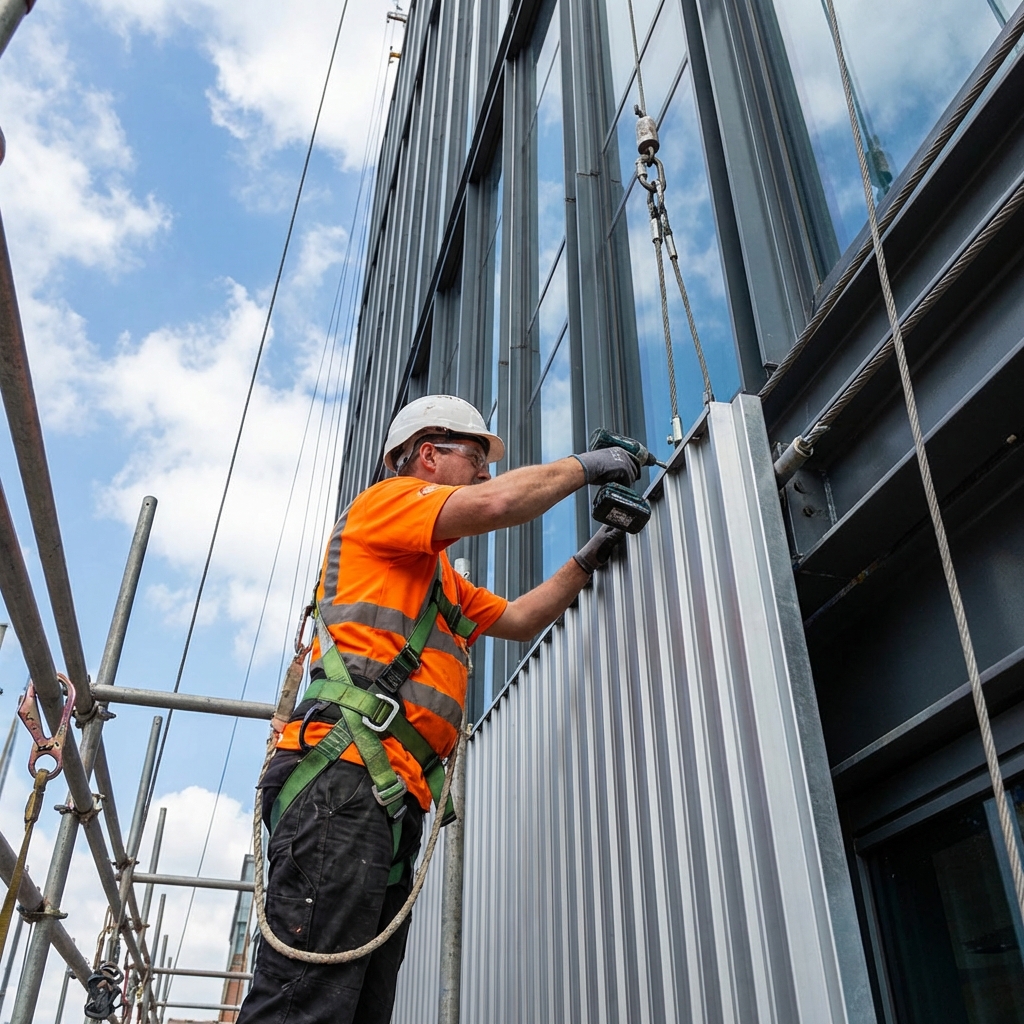 Modern commercial building facade with architectural panel cladding