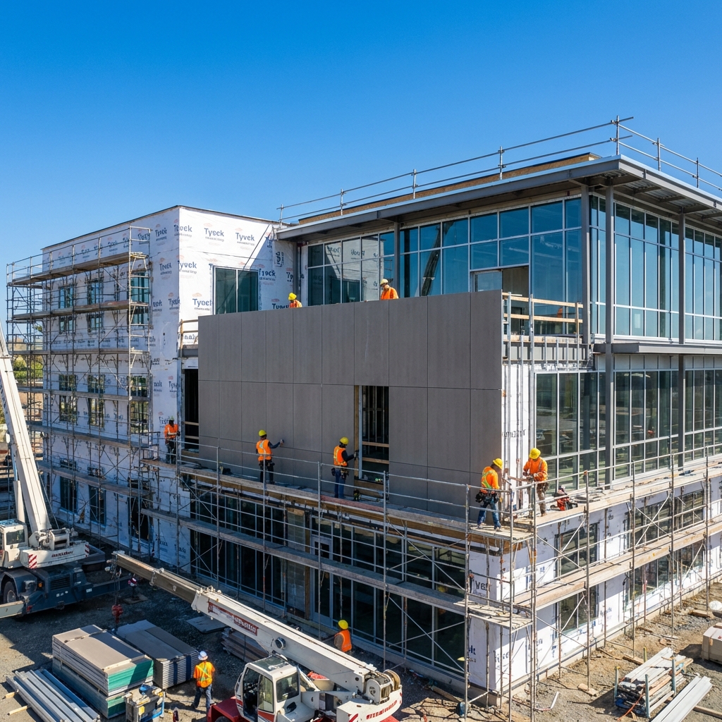 Workers installing fiber cement siding on a commercial building exterior with scaffolding