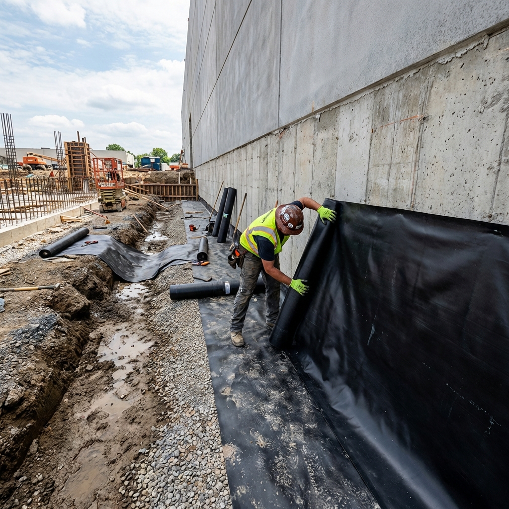 Worker applying waterproofing membrane to a concrete foundation wall below grade