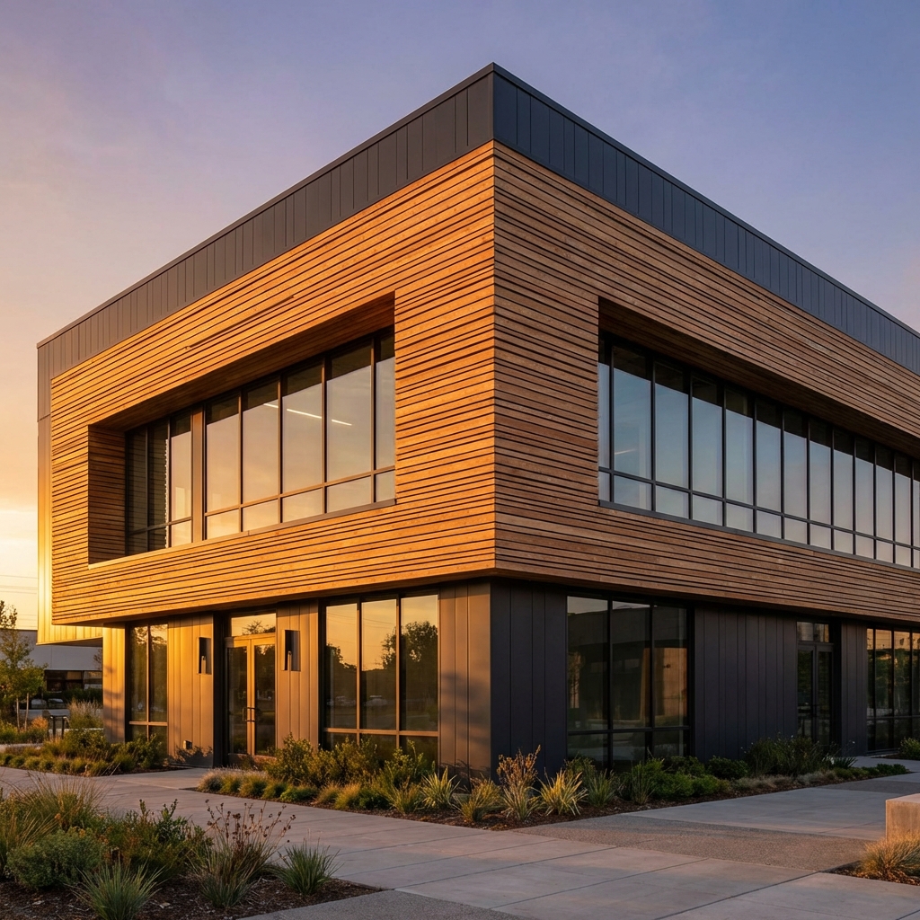 Commercial building facade with horizontal wooden slat trim detail